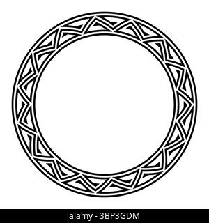 Dreieckiges Mäandermuster, kreisförmiger Rahmen. Dekorative Borte aus pyramidenartigen Dreieckspiralen, nahtlos wiederholt, ähnlich dem griechischen Schlüsselmuster. Stockfoto