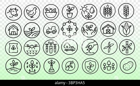 Symbole für Landwirtschaft gesetzt. Landwirtschaft Landwirtschaft Landwirtschaft Landwirtschaft Ernteplanung. Moderne Wissenschaft Bauernhof-Lebensmittel-Geschäft Bio ökologisch. Line Art Green Backgro Stock Vektor