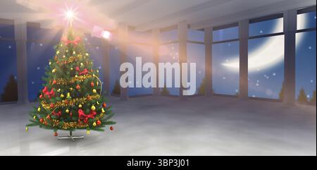 Der Weihnachtsbaum leuchtet in der Vektorhalle mit Sternenaufschlag und Bodenreflexionen unter dem Nachthimmel Stockfoto