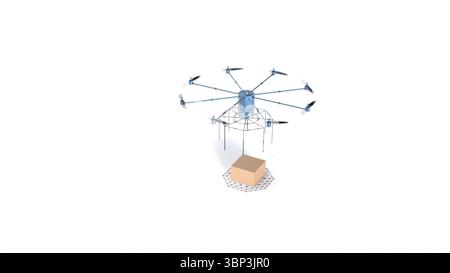 Drohne liefert Pakete autonome Logistik auf weißem BG 3D-Rendering Stockfoto