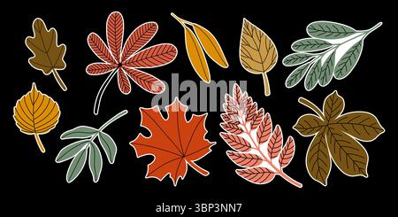 Herbstblattaufkleber Set, Handgezeichnete Illustration Stock Vektor