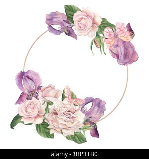 Ein runder Rahmen mit lila Iris, zarten rosa Rosen und Schmetterlingen. Die Aquarellabbildung ist mit Aquarell in einem botanischen Bild gemalt Stockfoto