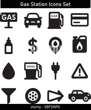 Symbolsatz Tankstelle – Kraftstoff, Diesel, Laden, Zahlung, Standort, und Autosymbole Stock Vektor
