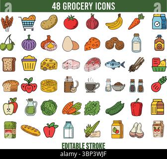 Icons für Lebensmittel – frische Marktartikel, Gemüse, Obst und Essentials Stock Vektor