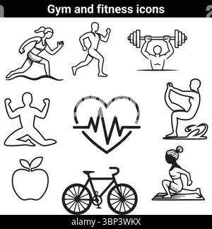 Fitness und Fitness Icons Set – Workout, Bewegung, Gesundheit, Yoga, Radfahren Symbole Stock Vektor