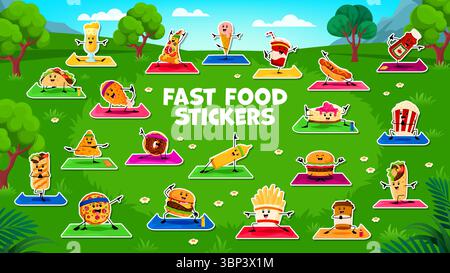 Cartoon-Fastfood-Charaktere auf Yoga Fitness, Stickerpackung. Taco, Pizza, Eis und Limonade, Hotdog, Ketchup, Kuchen, Popcorn und Nacho Fast Food vecto Stock Vektor