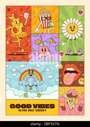 Vintage Collage groovige Cartoonfiguren Poster. Vektor Retro fröhliche Pizza, Popcorn, Blume, Getränk, Regenbogen, Lippen und Eiscreme sind über y2k-Zeichen verteilt Stock Vektor