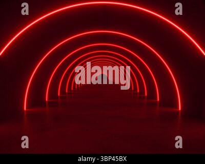Leerraum im Innenraum mit rotem Lichttunnel, 3D-Rendering Stockfoto