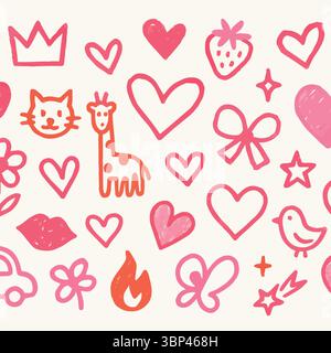 Skurriles Pink Doodle Set mit Herzen, Tieren und Fantasy Icons Stock Vektor