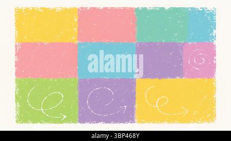 Buntes Raster mit handgezeichneten Pfeilen und abstrakten Strudeln in Pastelltönen Stock Vektor