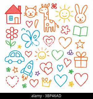 Buntes Doodle-Set mit skurrilen Symbolen für Kinder und kreative Themen Stock Vektor