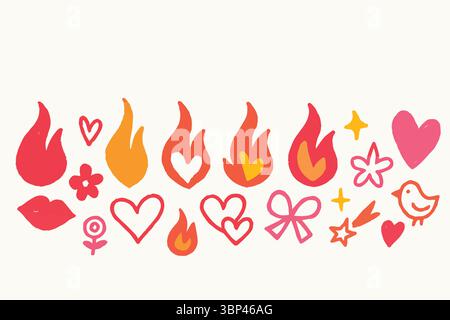 Lebendige Doodle-Kollektion mit Herzen, Flammen, Sternen und verspielten Symbolen Stock Vektor