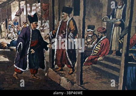 Ein Gemälde, das eine osmanische Marktszene in Athen darstellt. Das Osmanische Reich, das sich vom späten 13. Bis zum frühen 20. Jahrhundert erstreckte, war ein riesiger und einflussreicher Staat, der einen Großteil Südosteuropas, Nordafrikas und des Nahen Ostens kontrollierte. Marktplätze (Basare oder Souqs) waren ein zentraler Bestandteil des osmanischen Stadtlebens und dienten als geschäftige Zentren des Handels, der sozialen Interaktion und des kulturellen Austauschs. c. 1800. Stockfoto