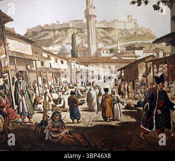 Ein Gemälde, das eine osmanische Marktszene in Athen darstellt. Das Osmanische Reich, das sich vom späten 13. Bis zum frühen 20. Jahrhundert erstreckte, war ein riesiger und einflussreicher Staat, der einen Großteil Südosteuropas, Nordafrikas und des Nahen Ostens kontrollierte. Marktplätze (Basare oder Souqs) waren ein zentraler Bestandteil des osmanischen Stadtlebens und dienten als geschäftige Zentren des Handels, der sozialen Interaktion und des kulturellen Austauschs. c. 1800. Stockfoto