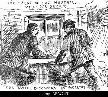 Eine illustrierte Skizze der Police News, die „THE SCHRECKLICHE ENTDECKUNG VON MCCARTHY“, Thomas Bowyer und John McCarthys Entdeckung von Kelly's Leiche in Miller's Court zeigt. Mary Jane Kelly (ca. 1863 ? 9. November 1888), auch bekannt als Marie Jeanette Kelly, Fair Emma, Ginger, Dark Mary und Black Mary, wird von Wissenschaftlern allgemein angenommen, dass sie das letzte Opfer des berüchtigten, nicht identifizierten Serienmörders Jack the Ripper waren, der von Ende August bis Anfang November 1888 mindestens fünf Frauen in den Londoner Stadtteilen Whitechapel und Spitalfields ermordete. Zum Zeitpunkt des Todes von Kelly war sie etwa 25 Jahre alt Stockfoto