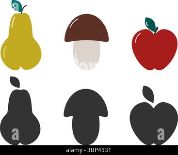 Birnenpilz und Apfelfrüchte farbenfrohe und Silhouette Aufkleber Icon Piktogramm minimalistisches Design Set. Isolierte Vektor-Illustration Essen Themenkarten Menü oder Banner, Faltblätter, Etiketten, Preisschild, Poster Stock Vektor