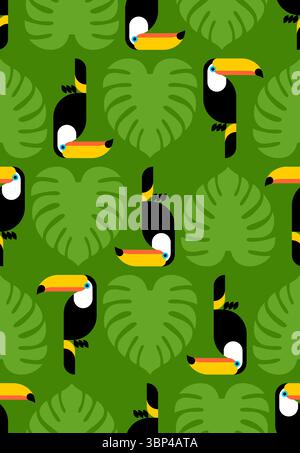 Nahtloses Tukanmuster. Tropischer Vogel Hintergrund. Tukane und Monstera-Textur Stock Vektor