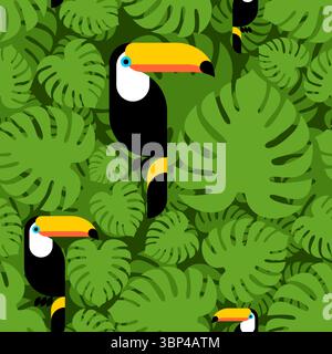 Nahtloses Tukanmuster. Tropischer Vogel Hintergrund. Tukane und Monstera-Textur Stock Vektor