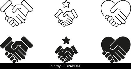 Handshake Und Herzsymbol Set. Sammlung Von Symbolen Für Partnerschaft, Vertrauen Und Zusammenarbeit. Geschäftsvereinbarung Und Beziehungsaufbau. Isolierter Vektor Stock Vektor
