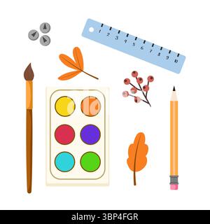 Weißer isolierter flacher Vektor mit bunten Objekten für Schule oder Büro. Schulset mit Stift, Notizbüchern und Herbstlaub Stock Vektor