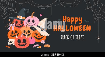 Frohes Halloween. Horizontales Banner mit Kürbissen. Stock Vektor