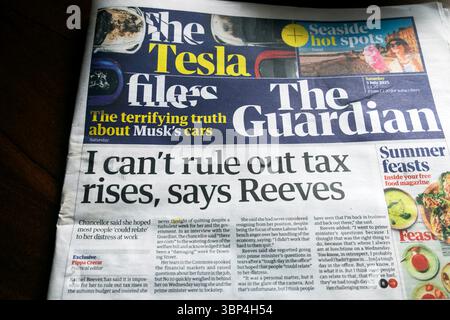„Ich kann Steuererhöhungen nicht ausschließen, sagt (Rachel) Reeves' Labour Chancellor Herbstbudget Guardian Zeitung Headline 5 Juli 2025 London England Großbritannien Stockfoto