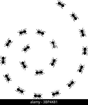 Silhouetten von Ameisen, die in ordentlichen Linien marschieren, Teamwork und Organisation zeigen, Ant Trail Illustration - Black Line ANTS Design Stock Vektor
