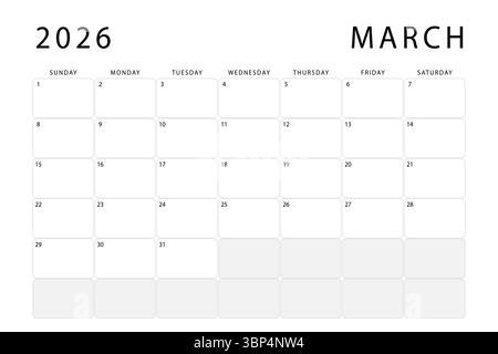 März 2026-Kalender. Vorlage für Monatsplaner. Sonntag beginnt. Vektordesign Stock Vektor