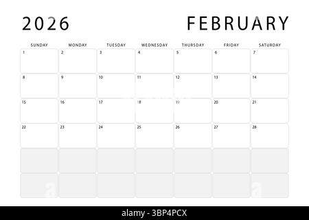 Februar 2026-Kalender. Vorlage für Monatsplaner. Sonntag beginnt. Vektordesign Stock Vektor