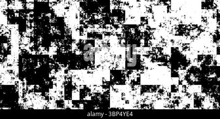 Schwarz-weiße abstrakte moderne Grunge- oder Dirt-Technologie Quadrate Überlagerungsmuster Textur Hintergrund Illustration Stockfoto