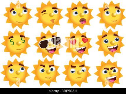 Niedliche Sonne flache Vektor-Illustrationen Set. Gelbe, kindliche, sonnige Emoticons-Kollektion. Lächelnde Sonne mit Sonnenstrahlen Cartoonfigur isoliert auf weißem Rücken Stock Vektor