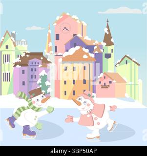 Weihnachtskarte, zwei Eiskunstlauf-Cartoon-Schneemänner. Eislaufen fröhliche Schneemänner. Stock Vektor