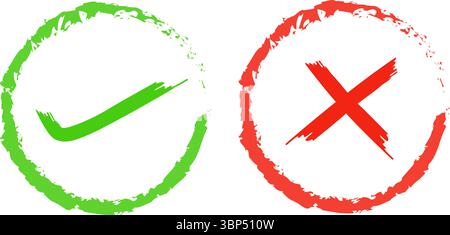 Häkchen- und Kreuzsymbole – Grüne Häkchen und rote X-Symbole für Genehmigung und Ablehnung – Grunge-Häkchen- und Kreuzsymbole Stock Vektor