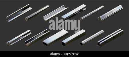 Stahlrohr. Isometrisches Aluminiumprofil. 3D-Chrom-Metallstab oder Vierkantrohr. Weiße Eisenarmaturen. Rostfreier Balkenabschnitt. Architektur Metallsäulen. Vektor-isolierte Konstruktionsobjekte festgelegt Stock Vektor