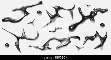Flüssiges Chrom. Abstrakte Y2K-Metallformen. Silberflüssigkeitshologramm. Quecksilberstern. Holographische ästhetische unregelmäßige Figuren. Amorphe metallische Textur. Asymmetrische Formen. Vektor-3D-Kurvenschmelzblots-Set Stock Vektor