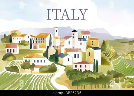 Italienisches Dorf. Toskanisches Weingut in Italien. Toskanische Aquarelllandschaft. Weingut ländliches Feld. Sommerreisen. Malerische Hügel. Landhausgebäude. Olivenbauernhof. Vektorfarbe Stadtskizze Stock Vektor