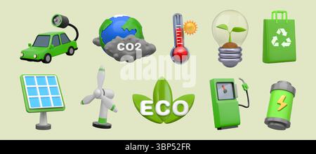 Symbole der 3D-Umgebung. Umweltfreundliche Energie für Auto-, Erde- oder Welt-Solarbatterien, Energiesparmodul. Ökologie und Naturökopflege, Naturkraft. Recyclingbeutel, Glühlampenvektor-Cartoon isolierter Satz Stock Vektor