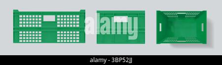 Aufbewahrungskiste. Kunststoffbox. Rechteckiger Korb für Lager oder Supermarkt. Realistisches offenes Paket. Obstmarkt sauberer Container von oben und von der Seite. Leere 3D-Palette. Vektor-isolierte Verpackungsmodelle Set Stock Vektor