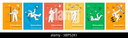 Abstraktes Schulplakat. Bildungskarte. Menschen studieren in der Hochschulausbildung. Buchsymbol. Menschen lernen in Online-Kursen zu Wirtschaft oder Wissenschaft. College-Prüfung. Kommunikation mit dem Lehrer. Vektor-Banner-Set Stock Vektor