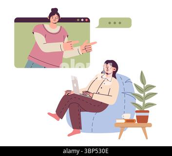 Videoanruf. Online-Unterhaltung. Sprach-Chat für Geschäftsleute oder Psychologen. Internet-Kommunikation und digitale Konsultation. Frau mit Laptop, Monitor-Vektor-Karikatur flache Art isolierte Illustration Stock Vektor