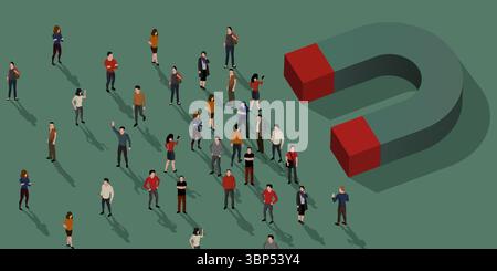 Eine große Gruppe von Menschen, die von einem Magneten angezogen werden. Marketing- oder HR-Konzept. Vektorabbildung Stock Vektor
