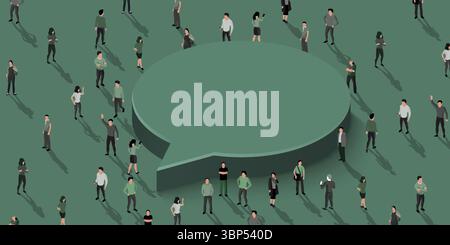 Große Gruppe von Menschen, die um Chat-Blase Symbol stehen. Vektorgrafik Stock Vektor