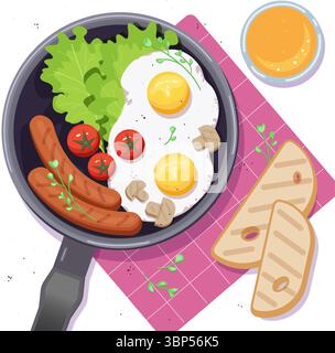 Pfanne mit Spiegeleiern, Würstchen, Kirschtomaten und grünem Salat. Set von Gerichten für Frühstücksmenü, gesunde Ernährung, Ernährung, Kochen, frische Speisen, Diät Stock Vektor