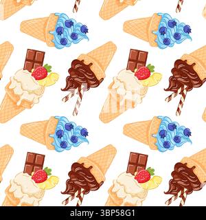 Blaubeeren, Schokolade, Erdbeeren, Vanilleeiskegel nahtloses Muster mit schmelzender cremiger Textur und Beeren im Cartoon-Stil. Wird Aktualisiert Stock Vektor