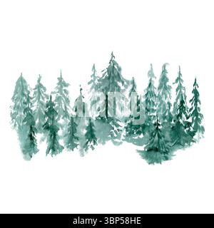 Dichter immergrüner Wald mit mehrschichtigen Tannen- und Kiefernbäumen Aquarellillustration isoliert auf weiß. Weicher, natürlicher, leicht rustikaler Look, perfekt für Stockfoto