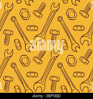 Nahtlose Musterreparaturwerkzeuge im Linienart-Stil mit Schraubenschlüssel, Schraube, Mutter und Schraube auf gelbem Hintergrund. Perfekt für Bauwerkstätten und Stock Vektor