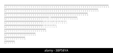 Diagramme, die die Sammlung messen. 5, 10, 15, 20, 25, 35, 40, 45, 50 Zentimeter. Längenmessung mathematisch, Abstand, Höhe, Nähwerkzeug. Legen Sie Vorlagen fest Stock Vektor