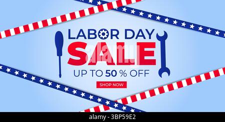 Werbebanner für den Labor Day of America. Jetzt Einkaufen. Bis zu 50 Prozent Rabatt. Vektorabbildung. Stock Vektor