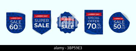 Vektorsatz von Stickervorlagen für Einkäufe, Verkäufe, Sonderangebote für den Labor Day der Vereinigten Staaten von Amerika. Stock Vektor