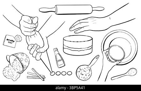 Weibliche Hände mit kulinarischer Tasche, die Cupcakes, Kekse und Gebäck zubereiten. Schwarze Linie Vektor-Illustration mit Handgesten Stock Vektor